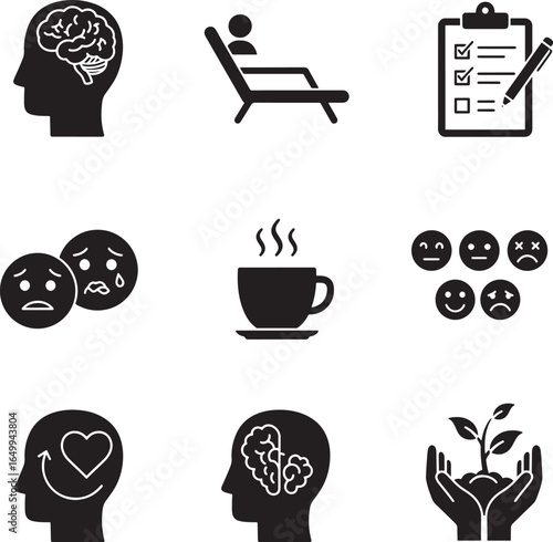 Mental health and well being icons representing therapy and emotional states
