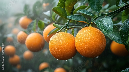 Ripe Oranges on Branch in the Rain