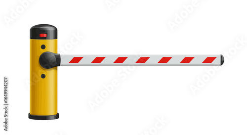 Realistic vector illustration of a closed automatic boom barrier with red and white stripes isolated on a white background for security and traffic control design.