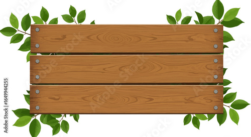 Blank rustic wooden sign with a frame of fresh green leaves. Natural wood plank banner template for nature or eco concepts.