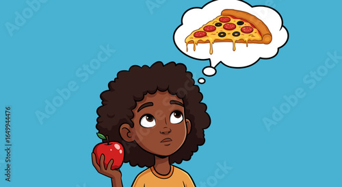 A Young Person Holding an Apple and Daydreaming About Delicious Pizza
