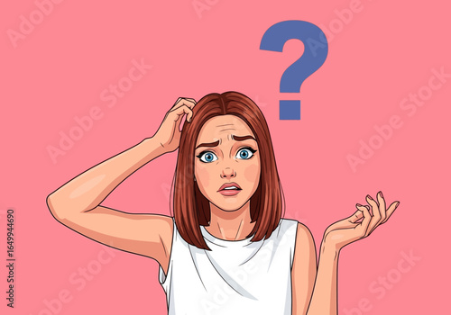 Puzzled Woman with a Question Mark Uncertainty, Confusion, and Doubt in a Pop Art Style