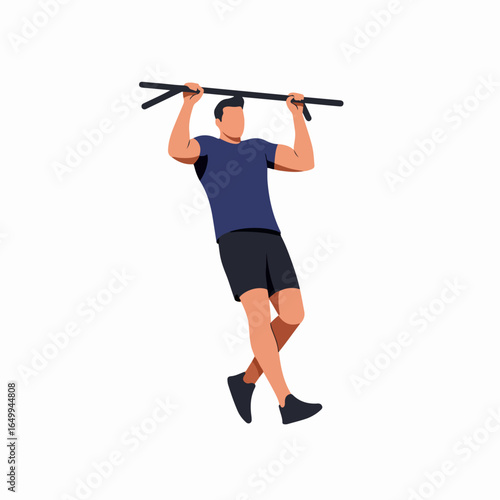 Flat vector illustration of a man doing pull-ups on a horizontal bar, symbolizing fitness, strength training, and healthy lifestyle.
