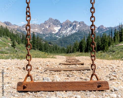 Rusty swing hangs over a gravel path leading towards snowy mountains and a tree-covered slope under a clear blue sky