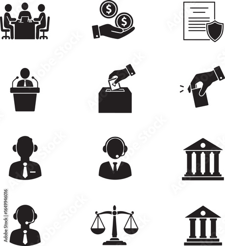 Collection of legal and business icons representing justice and finance