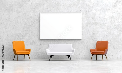 Minimalist interior two orange chairs flank a white loveseat before a textured gray wall with a blank white frame. A shiny floor reflects the simple furniture arrangement