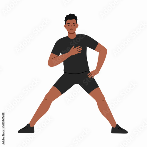 Illustration of a man stretching during exercise, performing a wide-legged lunge on a white background, demonstrating flexibility and fitness.