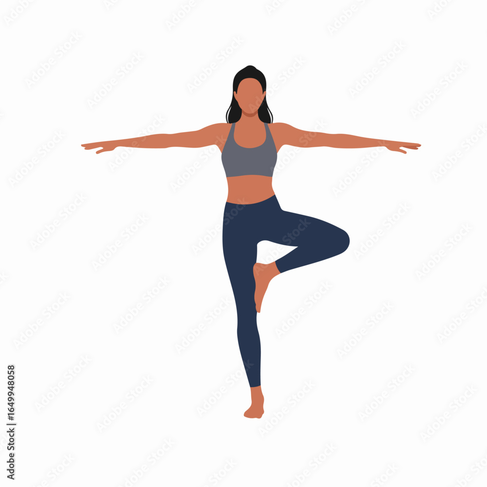 Minimalist illustration of a woman performing a yoga balance pose, showcasing fitness and well-being. Minimalist illustration of a woman performing a yoga balance pose, showcasing fitness and well-being.