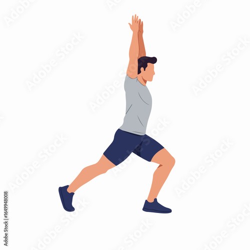 Man in athletic wear performing a lunge with arms raised, an isolated illustration representing fitness, exercise, and active lifestyle.