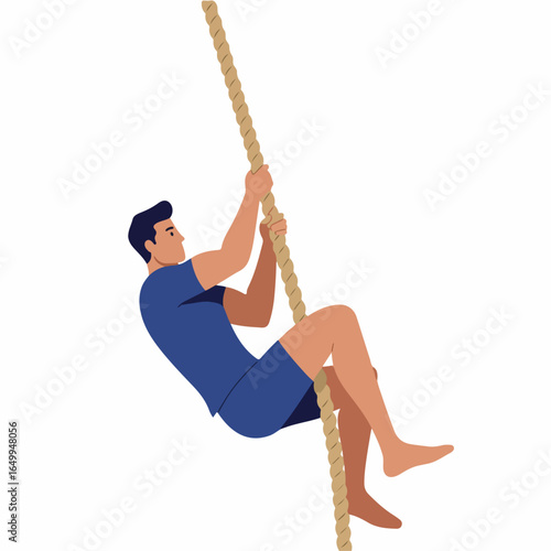 Flat illustration of an athletic man climbing a rope, symbolizing strength, fitness, and overcoming challenges in sport and training.