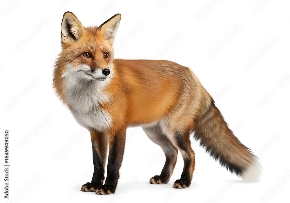 Fototapeta premium A full body shot of a red fox standing against a plain white background in a studio setting looking left