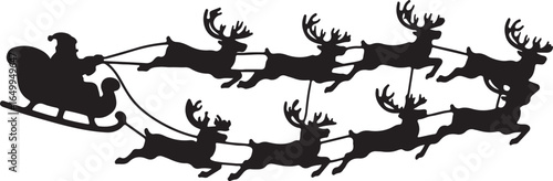 Black silhouette of Santa Claus in a sleigh pulled by eight reindeer flying across a white background