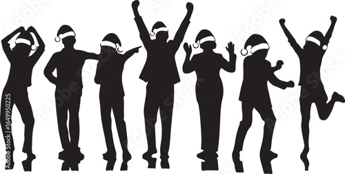 Group of diverse people silhouettes celebrating wearing Santa hats celebration Christmas