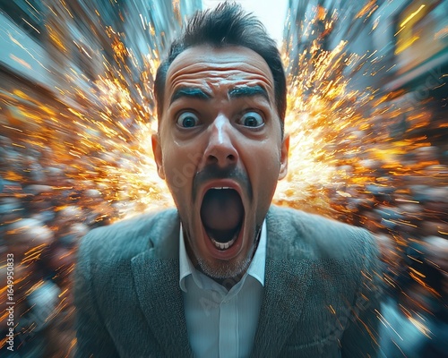 Man in suit screams, eyes wide, amidst a chaotic explosion. Buildings blur in background, suggesting rapid movement or impending doom. Focus on panic and distress