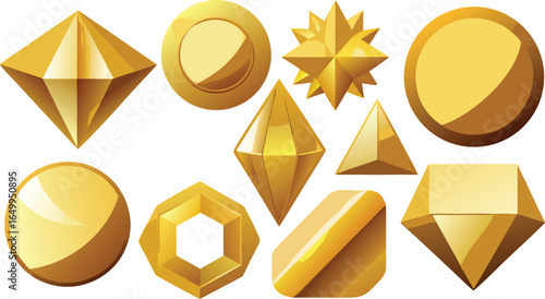 Shiny Gold Geometric Shapes Vector Set – Metallic 3D Glossy Icons for Luxury Design and Decoration