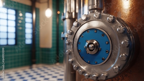 Close-up of a meticulously crafted copper and stainless steel still apparatus featuring intricate