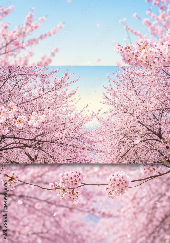 Enchanting cherry blossom landscape with delicate pink petals canopy Enchanting cherry blossom landscape with delicate pink petals canopy