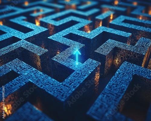 Glowing arrow points upwards from within a complex, dark blue maze with raised walls and warm highlights suggesting a solution