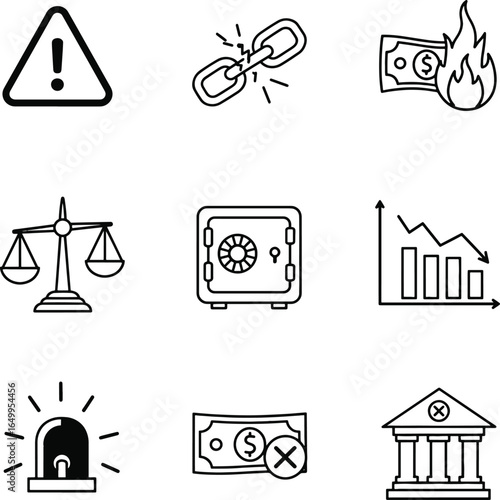 Collection of hand drawn financial and legal icons representing risk and security