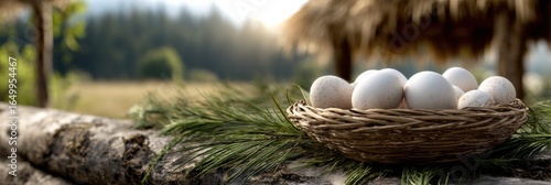 A basket of eggs is sitting on a log in a field