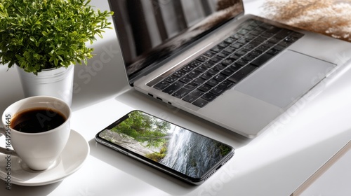 A laptop and a cell phone are on a table with a cup of coffee
