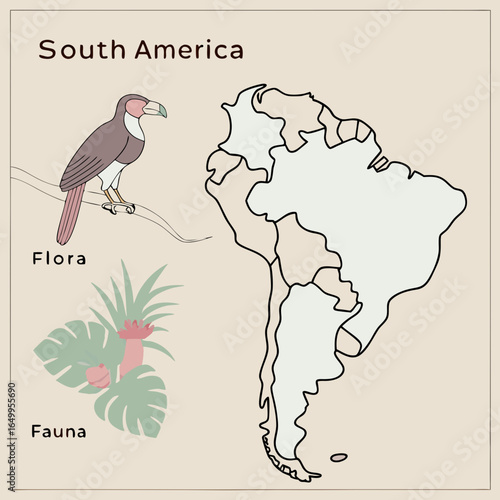 South America Map with Flora and Fauna Illustrations