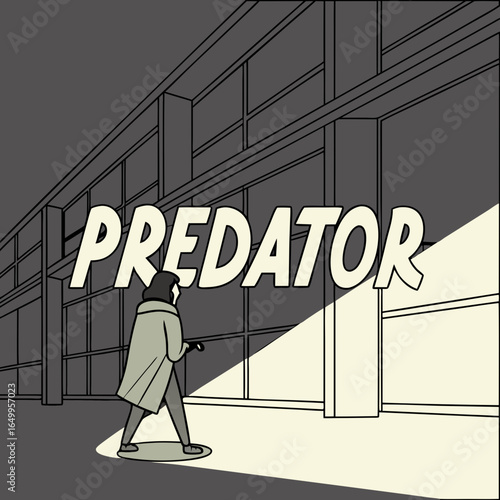 A mysterious cloaked figure explores a desolate urban building at night, the beam of a flashlight illuminating secrets and creating an atmosphere of suspense and hidden dangers.
