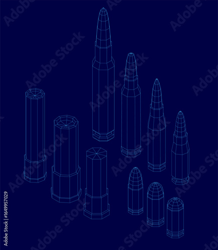 A symmetrical wireframe pattern of bullets in various shapes and sizes stands out against a solid blue background. The clean white outlines contrast sharply with the deep blue.