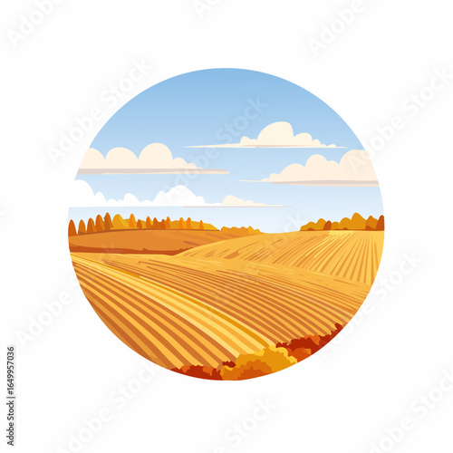 harvested empty agricultural field in autumn with sky isolated on white