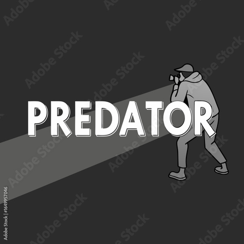 Dark graphic illustration of a person with a camera, symbolizing a predator, stalker, or private investigator. Concept of surveillance and threat.