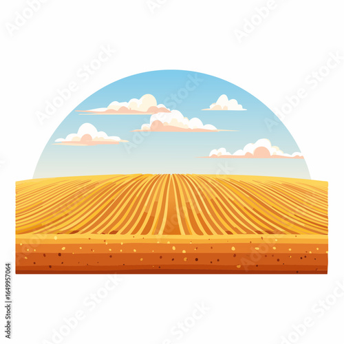 harvested empty agricultural field in autumn with sky isolated on white