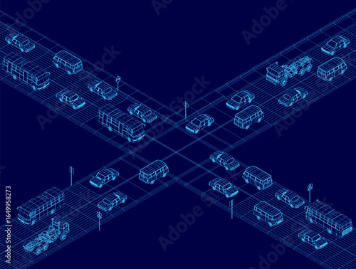Blueprint of a city street featuring cars, buses, and utility poles in wireframe style. The autocad template provides a detailed layout for a bus station design. Isometric view