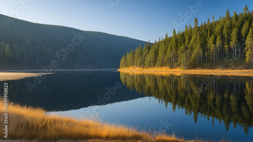 Russia, Western Buryatia. Early morning on the deserted taiga lake Guzen-Nur, hidden from prying eyes, on the left bank of the Tisa River.