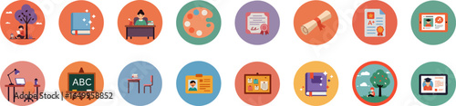 16 circular educational icons in vibrant colors on dynamic academic themes