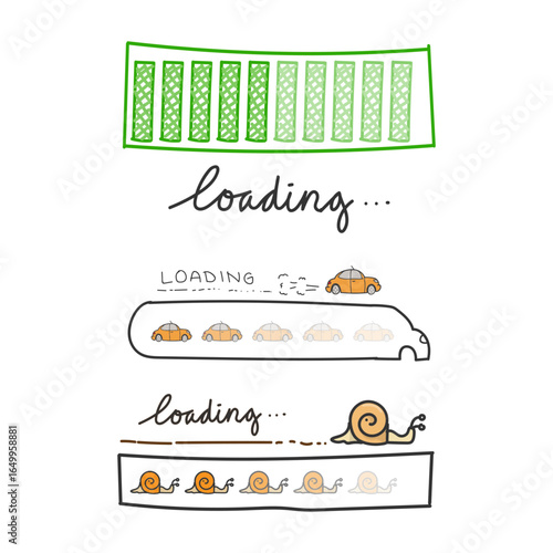 Hand drawn loading bar illustration with snail shape Cartoon style progress bar with sketch design.