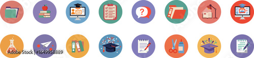 16 Round Badge Icons Set with Academic and Educational Themes in a Dynamic Color Palette