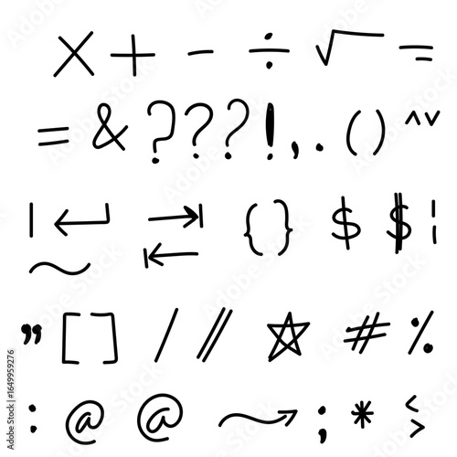 Hand Drawn Mathematical Symbols and Punctuation Marks Doodle Set