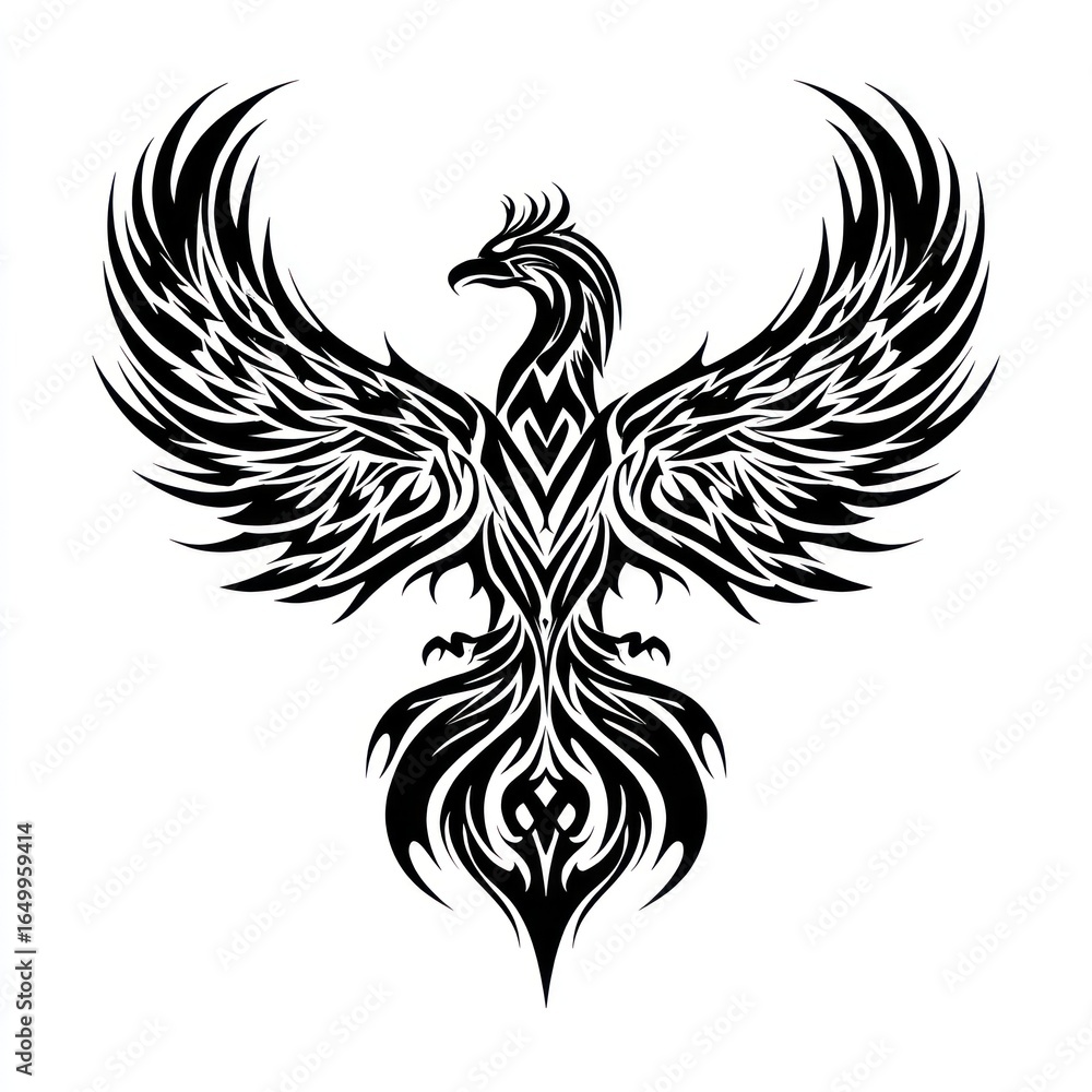Fototapeta premium Detailed black and white phoenix illustration with intricate feather and tail designs