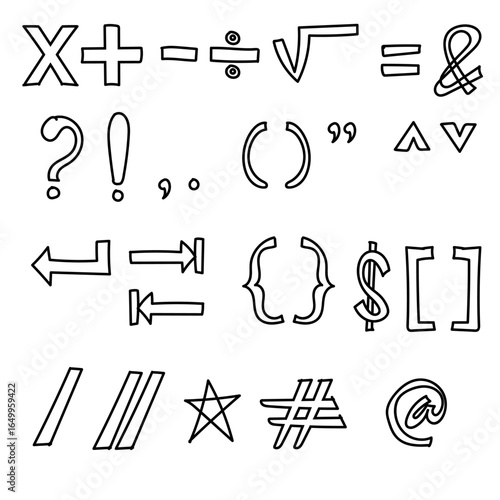 Hand Drawn Mathematical Symbols and Punctuation Marks Doodle Set