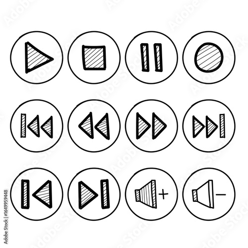 Hand Drawn Media Player Button Icons Doodle Set
