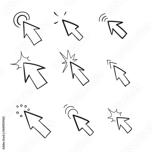 Hand Drawn Mouse Cursor Click Icon Set Vector Illustration
