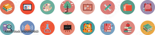 Set of 16 flat circular icons with educational and academic themes in warm earthy tones