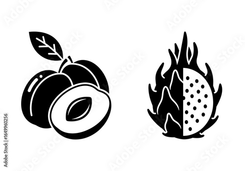 Bold monochrome illustration featuring fresh plums alongside a vibrant dragon fruit half