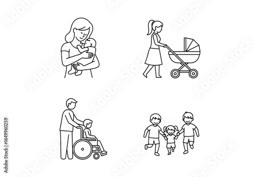 Line art showcases diverse family life, emphasizing themes of care and connection vividly