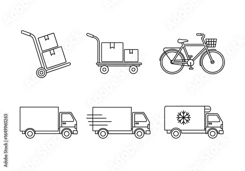 Delivery icon set featuring hand truck, cargo cart, bike and vans in outlined drawings