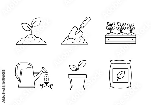 Minimalist gardening line art icons representing plant life, growth, tools and supplies required