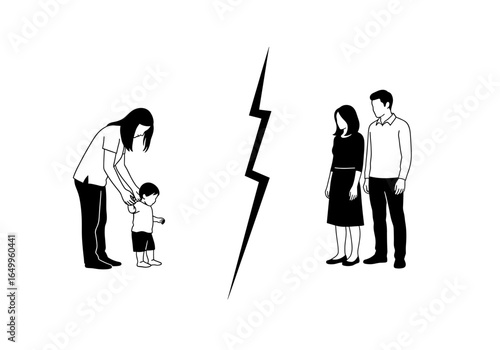 Striking graphical illustration symbolizing family separation and divorce with contrasting figures on both sides