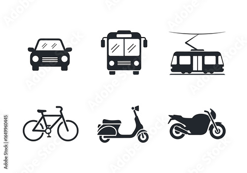 Graphic representation showcases diverse transport options including a car, bus, tram, bicycle, scooter and motorcycle