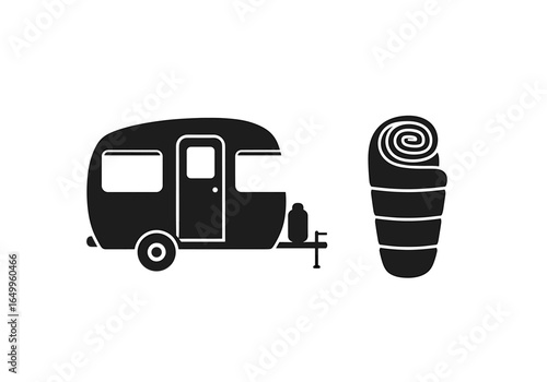 Whimsical camping adventure: A vintage trailer with a cozy sleeping bag evokes outdoor journeys