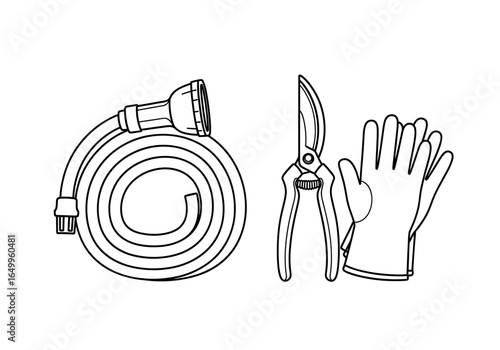 Garden tools and hose ready for spring gardening in minimalist outline illustration style.
